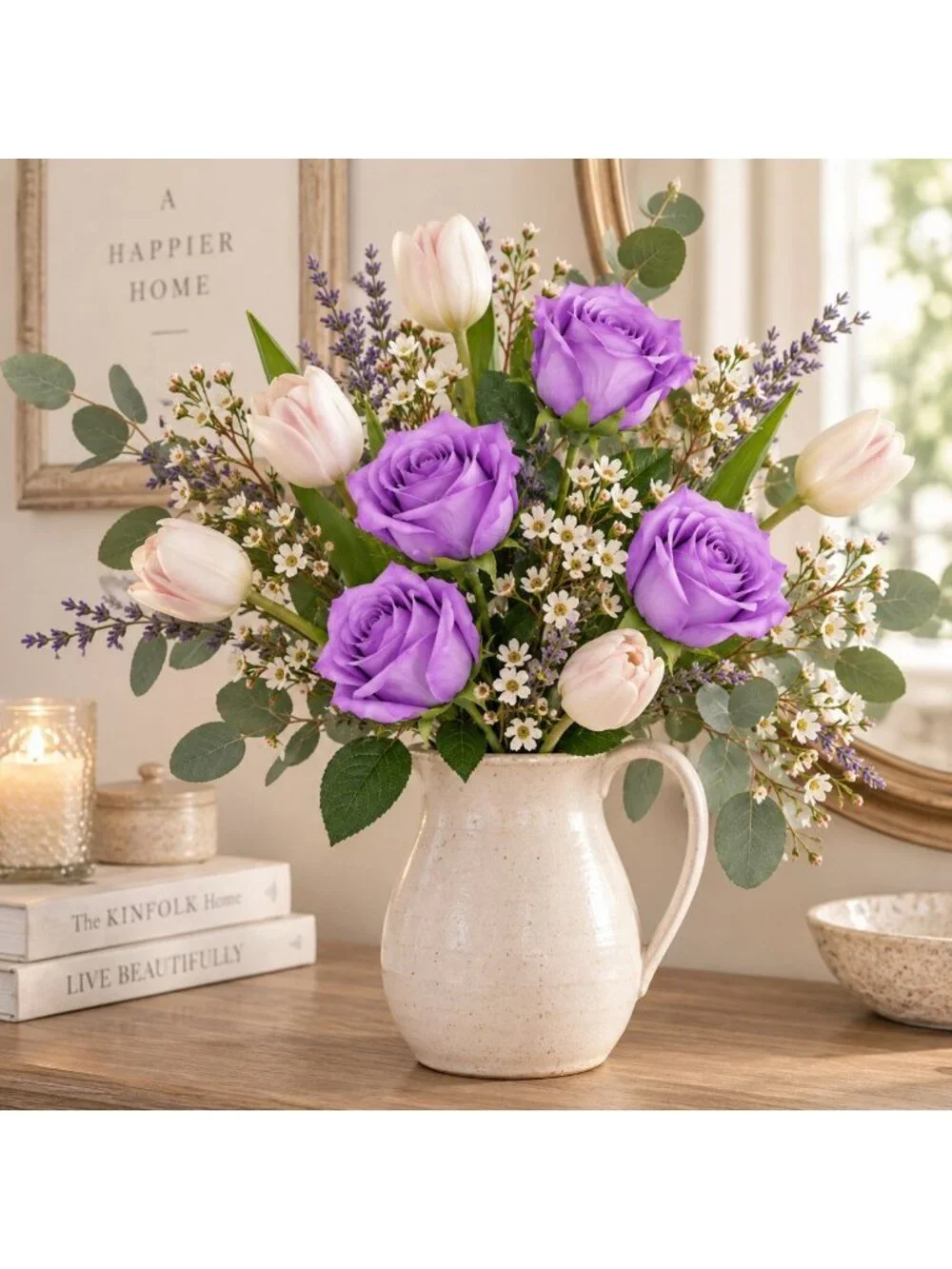 Faux Lavender Roses 6 Stem Bunch 19 Inch Artificial Silk Rose Stems Wedding Bouq